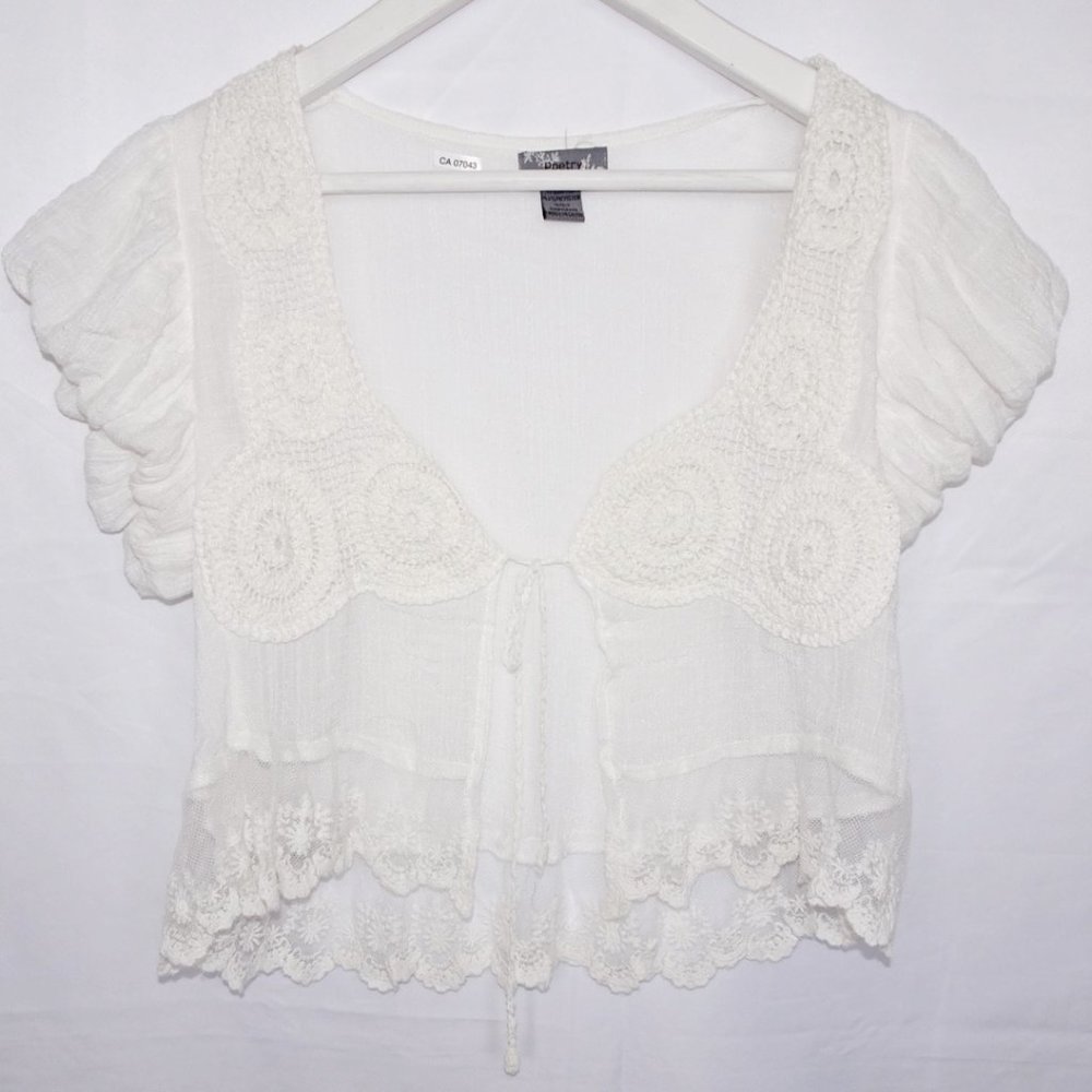 Poetry Clothing Crochet Soft White Wrap Tie Crop Blouse